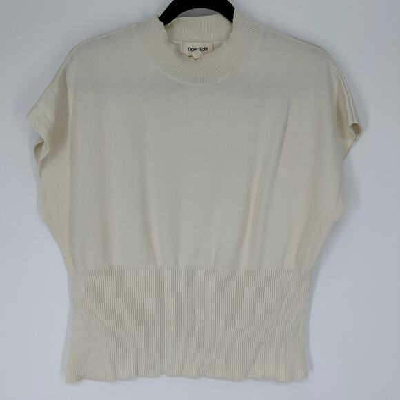 Open Edit Mock Neck Dolman Cap Sleeve Ivory Ribbed Blouse Womens Large - Picture 2 of 6